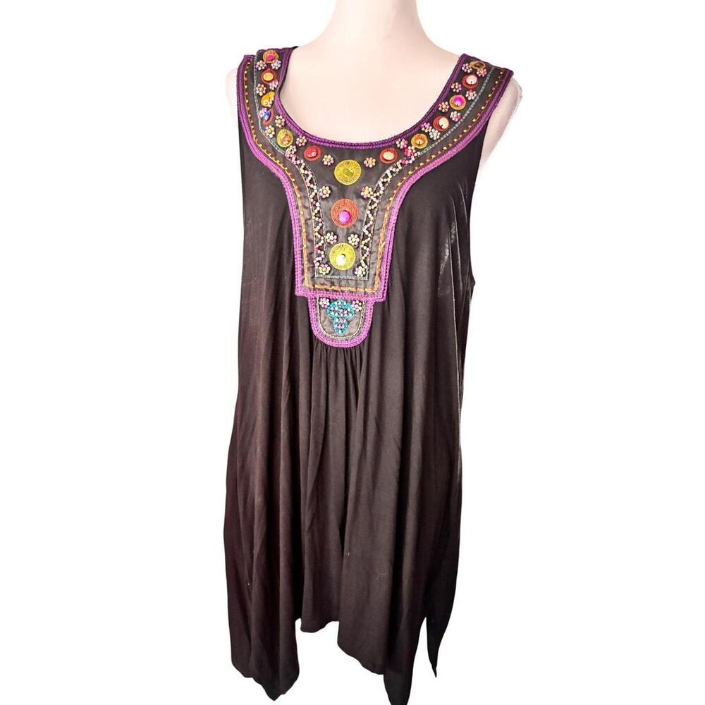 Cable & Gauge Woman Black Embellished Bib Sharkbite Hem Sleeveless Tunic Boho 1X